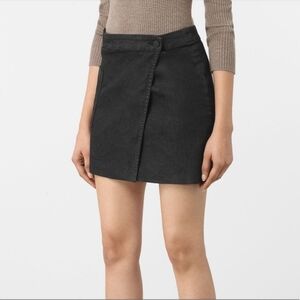 All Saints Ruth denim black waxed cotton mini wrap skirt 2
